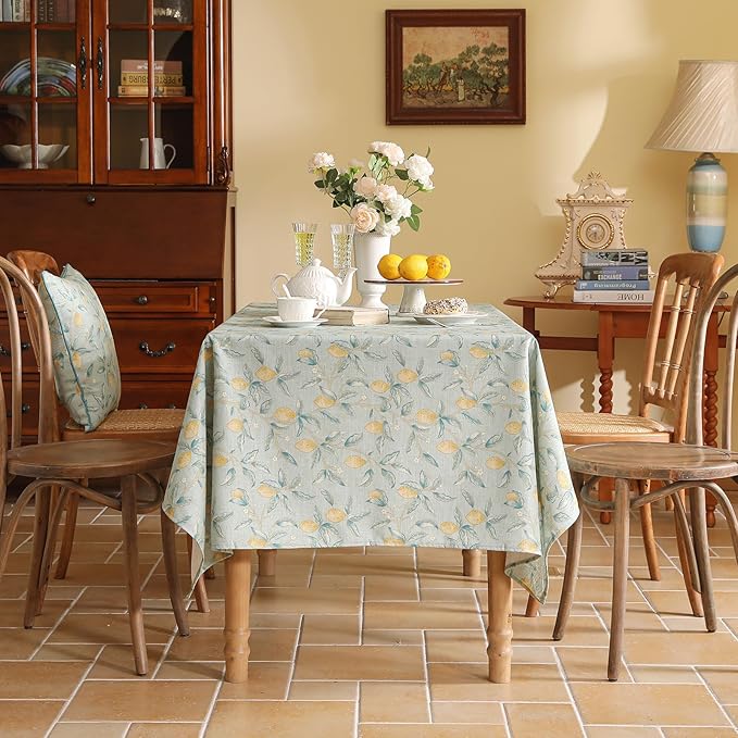 patdrea Designer Linen Green Square Tablecloth, Vintage Yellow Flowers Pattern - Image 3