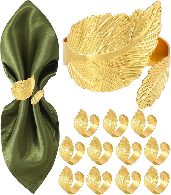 Gold Napkin Rings, Shiny Metal Napkin Rings Set of 12, Study Leaf Shaped Table by Monkkino