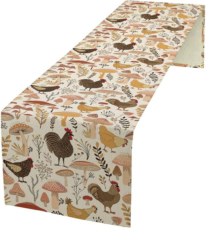 Mushroom Table Runner, Retro Natural Plant Famhouse Table Runner by Unknown