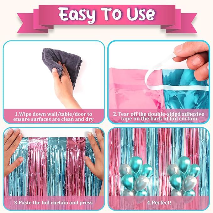 2 Pack Blue and Pink Foil Fringe Backdrop Curtains, Tinsel Streamers Mermaid - Image 4