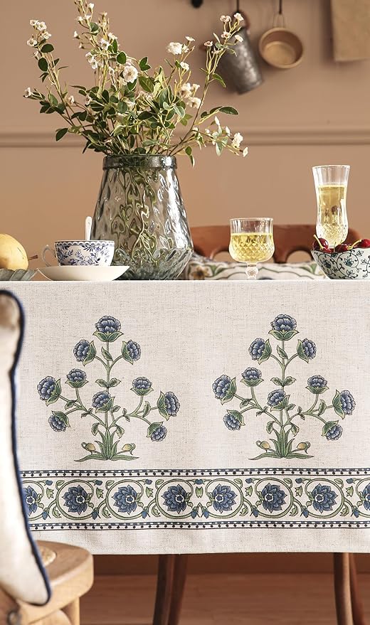patdrea Designer Linen Vintage Blue Rectangle Tablecloth, Leaves Pattern - Image 5