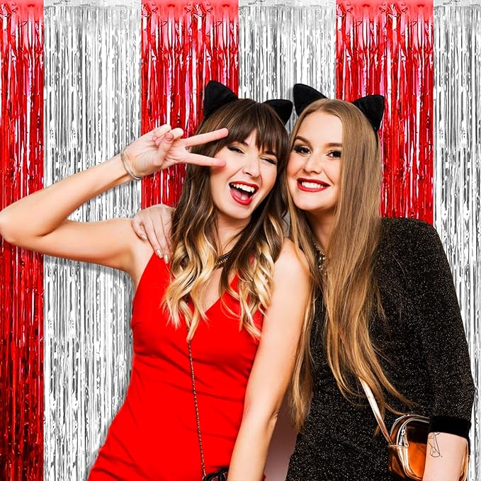 4 Pack Silver Red Foil Fringe Curtain Backdrop, 3.28Ft x 8.2Ft Metallic Tinsel - Image 4