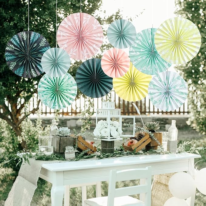 SUNBEAUTY 11 Pcs Sage Green Paper Fans Decoration Ceiling Decor Leaves Paper - Image 7