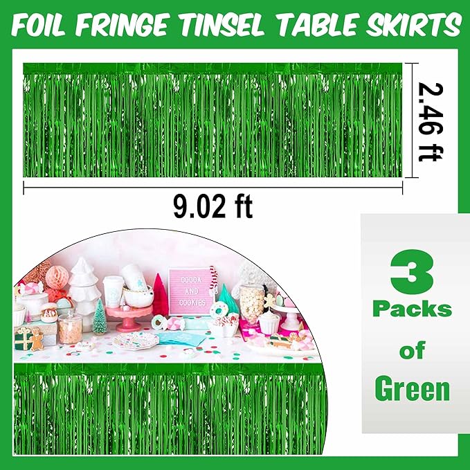 3 Pack 29 x108 Inch Green Foil Fringe Table Skirts Metallic Banner - Image 3