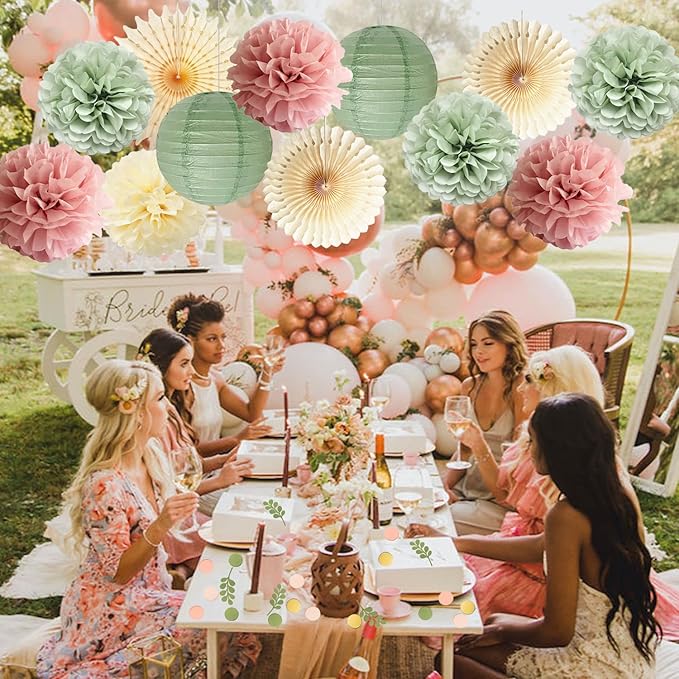 Dusty Pink and Sage Green Party Decorations Dusty Rose Sage Green Tissue Pom - Image 2