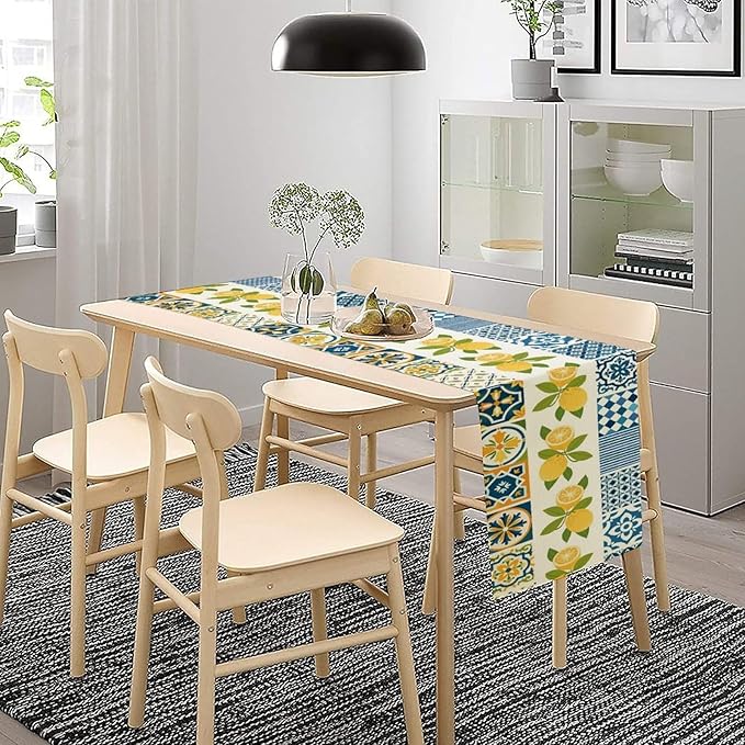 Lemon Table Runner, Watercolor Blue Fruits Green Leaves Print Table Cloth - Image 3