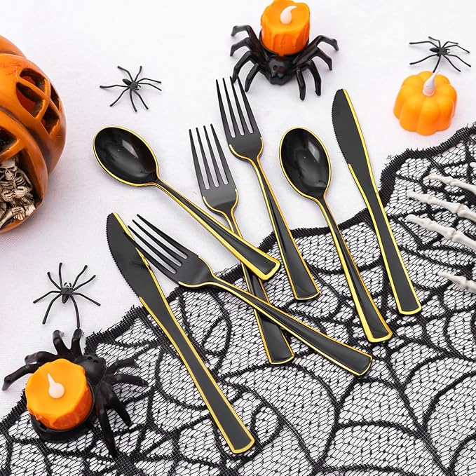 WDF 180 Pieces Black and Gold Plastic Silverware -Halloween Black Plastic - Image 4