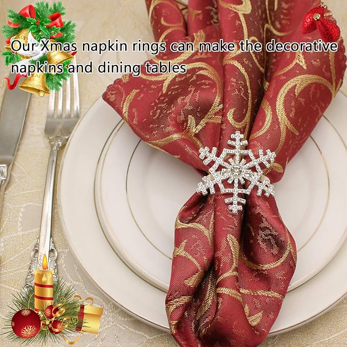 Halatool Set of 6 Christmas Rhinestone Snowflake Napkin Rings - Image 4