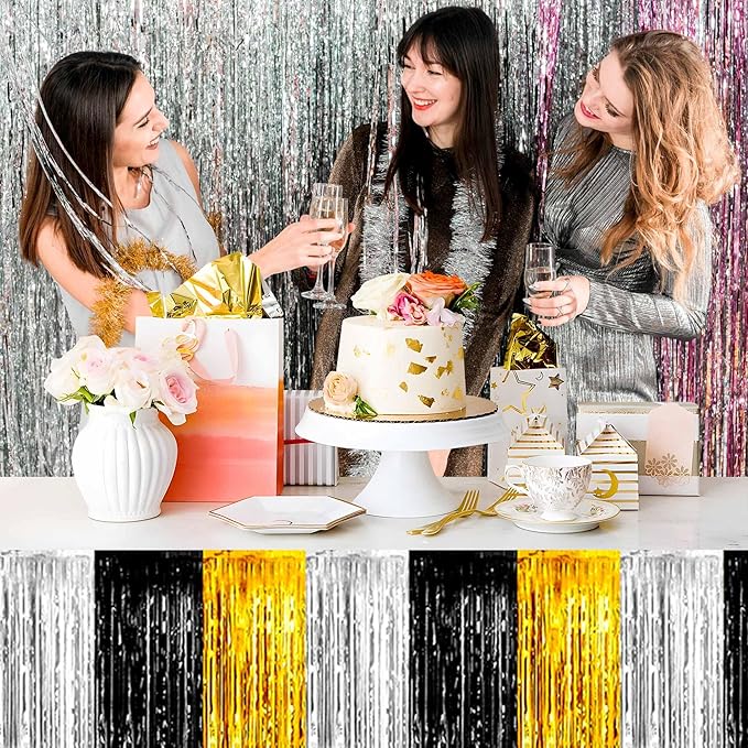 3 Pack 29 x108 Inch Black and Gold Foil Fringe Table Skirts Metallic Banner - Image 7