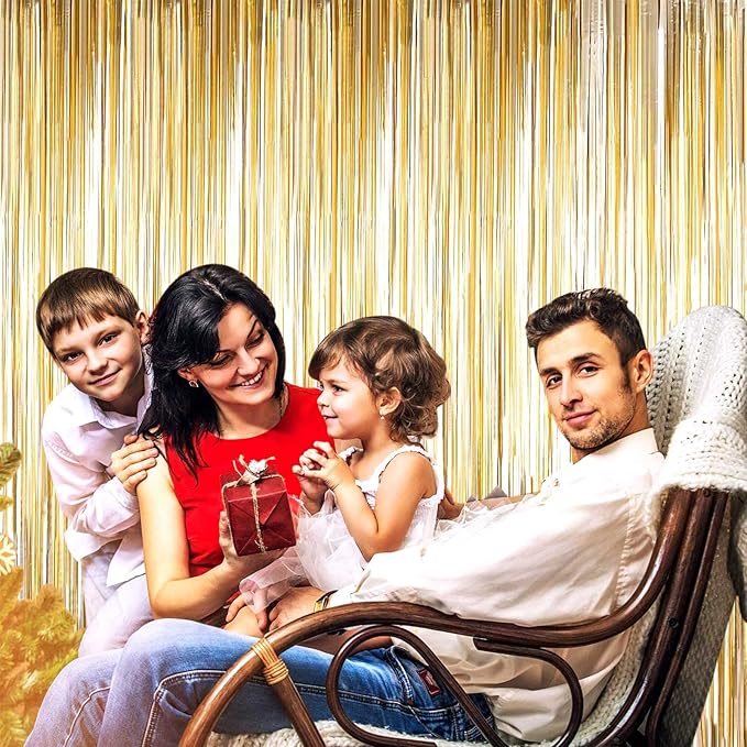 4 Pack Champagne Gold Foil Fringe Curtain Backdrop, 3.28Ft x 8.2Ft Metallic - Image 4