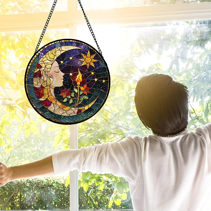 Stained Glass Window Hanging, Moon Goddess Torch Suncatcher Diamond Glass Panel - Image 4