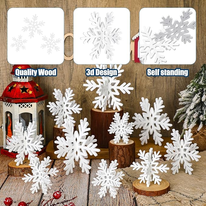 Qunclay 20 Pcs Wooden Snowflake Decorations 3D Snowflake Tabletop Decor - Image 5