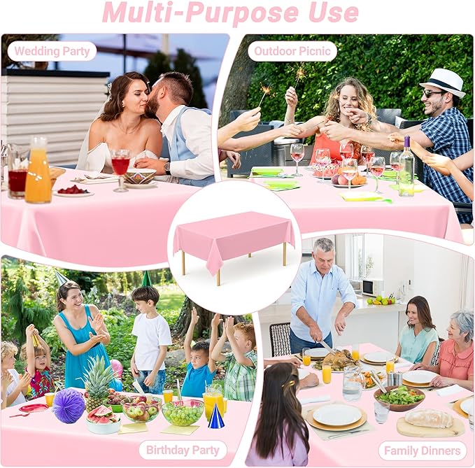 QZYL 12 PCS Pink Table Cloth Rectangle, Plastic Disposable Tablecloths - Image 6