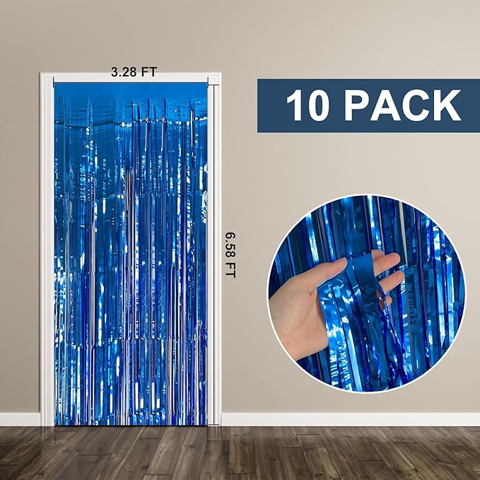10 Pack Foil Curtain Backdrop Blue Metallic Tinsel Foil Fringe Curtains Photo - Image 7