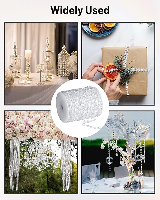 99FT Crystal Garland Strands, Acrylic Clear Crystal Beads String Roll, - Image 6