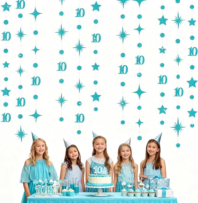 Teal Blue 10th Birthday Decorations Number 10 Circle Dot Star Garland Glitter - Image 7