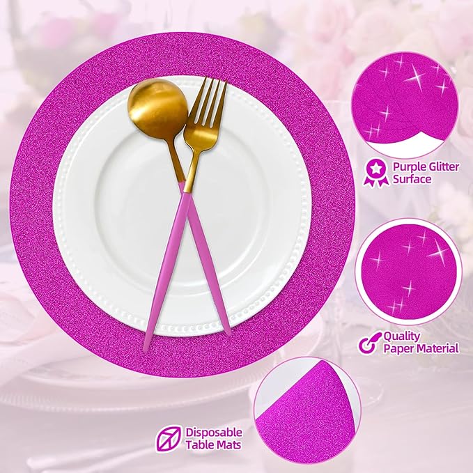 50 Pieces Hot Pink Glitter Paper Place Mats Sparkle 14'' Round Disposable Table - Image 4
