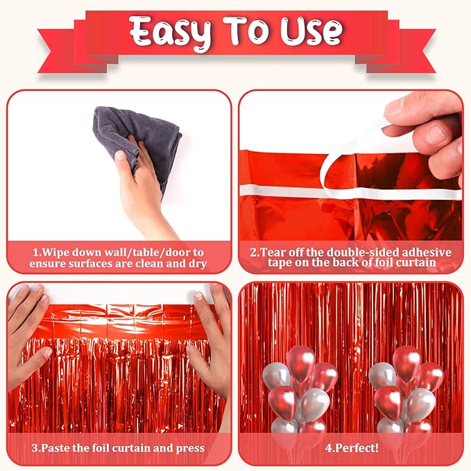 2 Pack Red Tinsel Foil Fringe Curtains, Metallic Tinsel Party Streamers Backdrop - Image 4