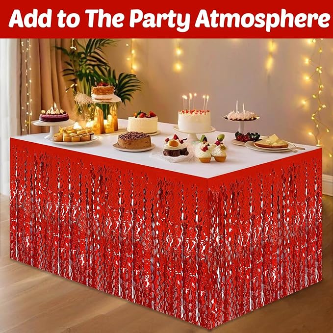 6 Pack 29x108 Inch Red Wave Foil Fringe Table Skirts Metallic Banner - Image 4