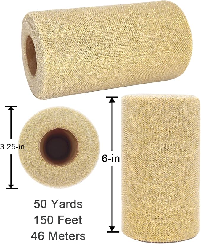 Glitter Gold Tulle Fabric Rolls, 6 Inch 50 Yards Sparkling Spool Ribbon Sequin - Image 3