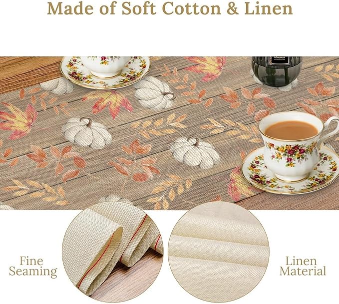 Autumn Table Runner, Pumpkins Maple Leaves Wood Fall r Seasonal Table Runner - Image 5