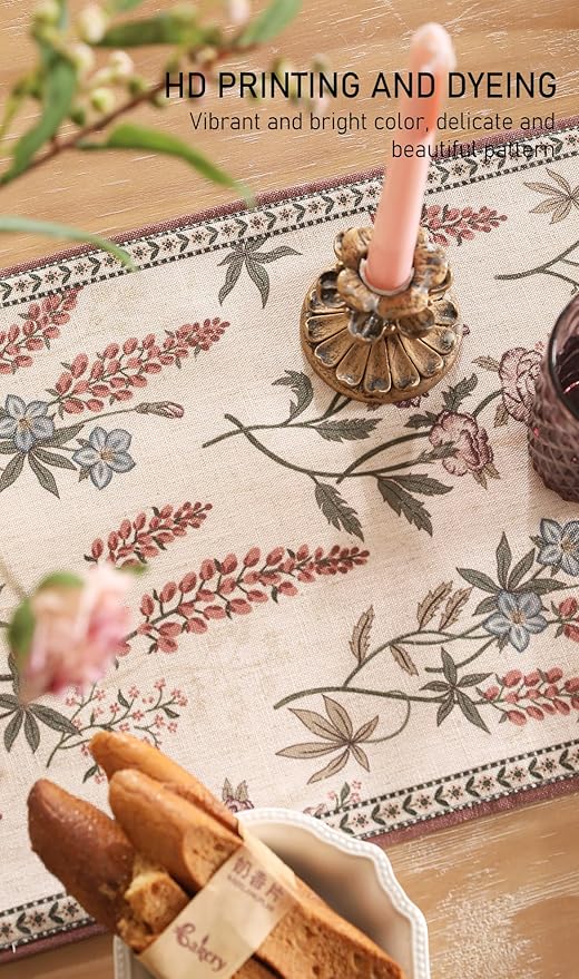 ISAENNE Designer Light Beige Linen Table Runner 71 Inches Long, Vintage Floral - Image 4