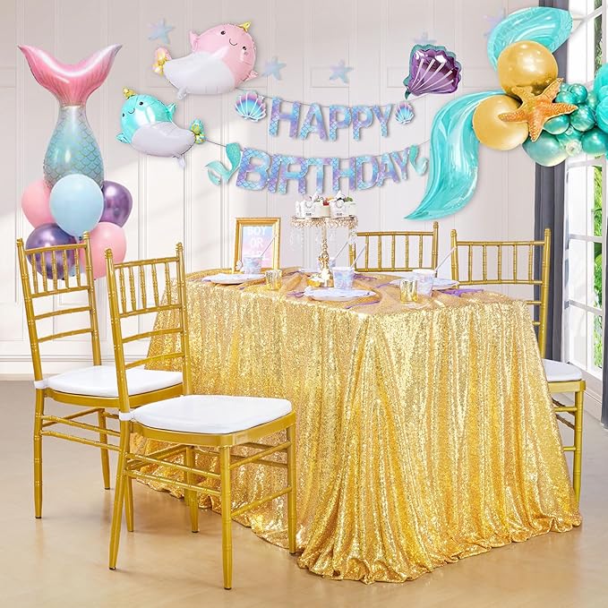 QueenDream Gold Sequin Tablecloth 60x102 Inch Sparkly Gold Wedding Tablecloth - Image 2
