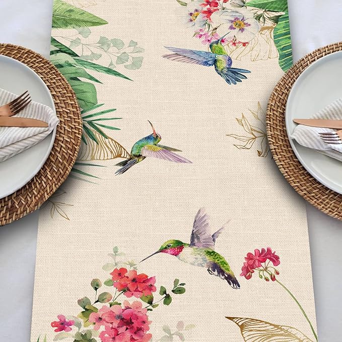 Seliem Summer Tropical Hummingbird Palm Leaf Greenery Table Runner, Spring - Image 6