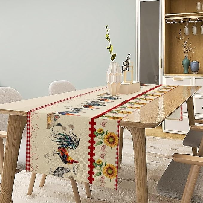 Rustic Rooster Table Runner, Vintage Country Farm Sunflower Chicken Red Plaid - Image 5