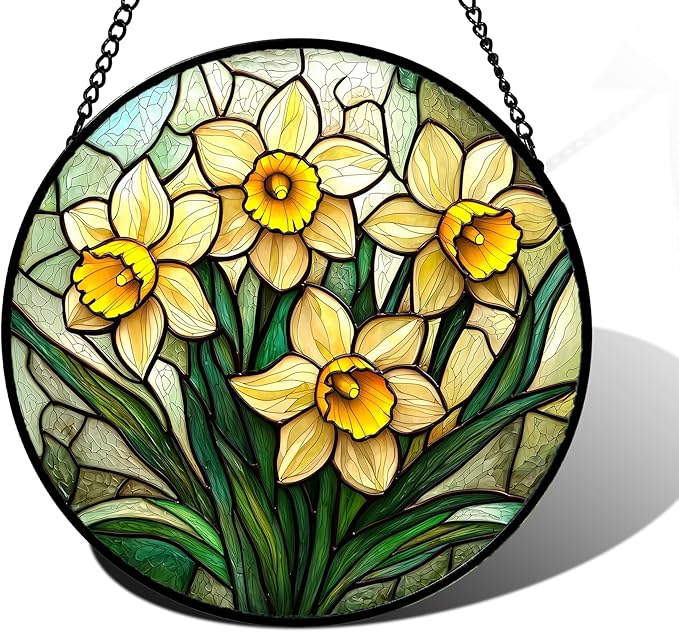 Stained Glass Window Hanging, Daffodil Plant Flowers Sun Catchers Diamond Glass by DASTOLL
