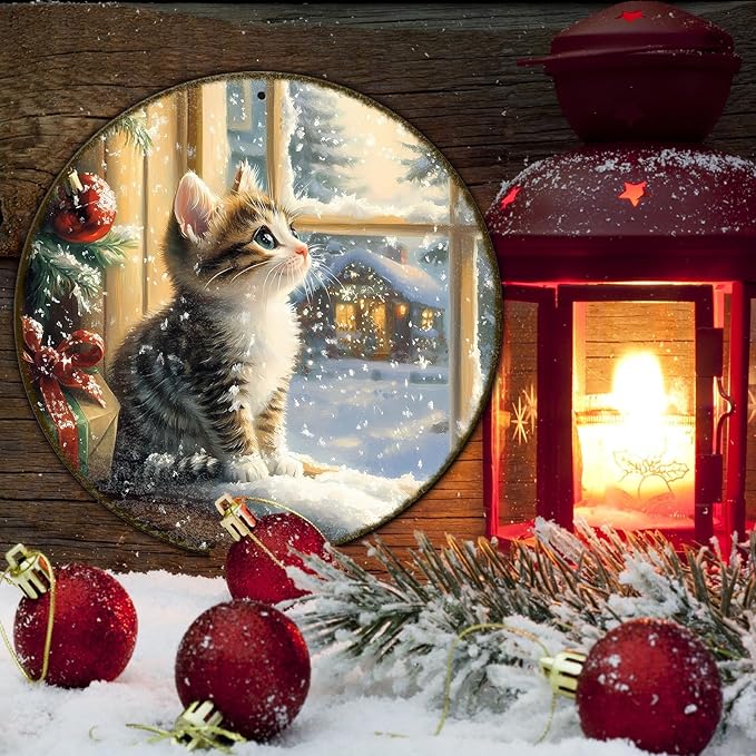 Round Christmas Sign Cats Vintage Metal Sign Christmas Kitten Retro Tin Sign - Image 5