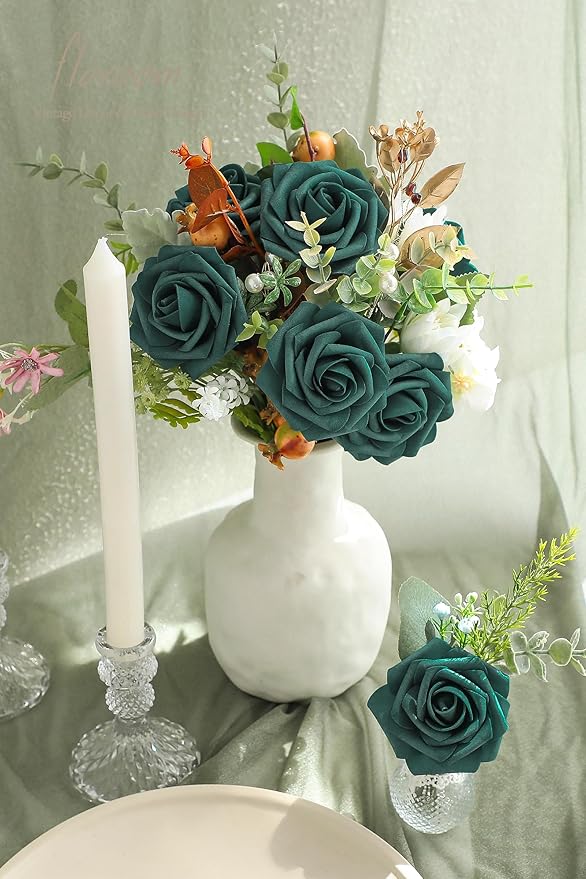 Floroom Artificial Flowers 25pcs Real Looking Peacock Green Foam Fake Roses - Image 2