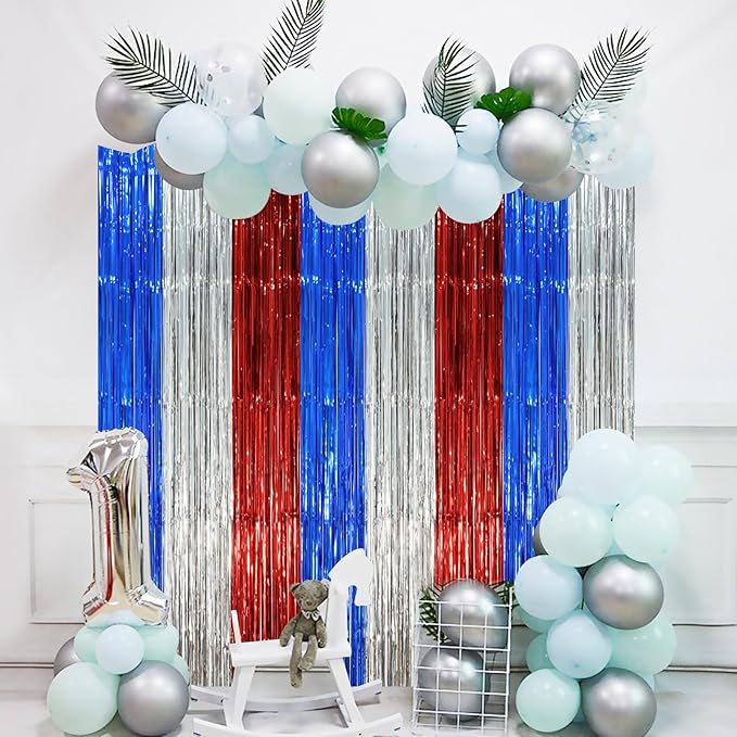 2 Pack Blue Red Silver Foil Fringe Backdrop Curtains, Tinsel Streamers Party - Image 7