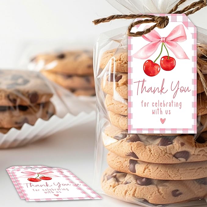 Cherry Gift Tags, 2x3.5 Inch Pink Bow Gift Tags, Paper Personalized Design - Image 4