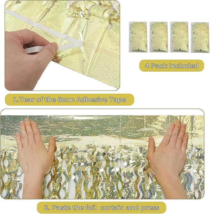 4 Pack Wavy Sparkle Champagne Gold Metallic Tinsel Foil Fringe Curtains Photo - Image 3