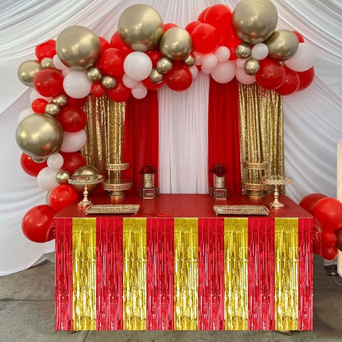 BEISHIDA 2 Pack Red Gold Table Skirts Party Decorations Metallic Tinsel Foil - Image 5