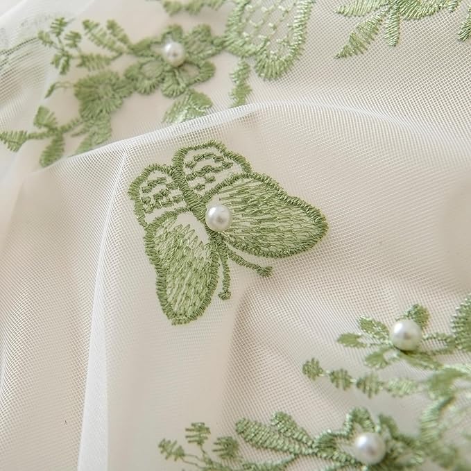 VISIONTEX White Sheer Voile Curtains, Decorative Green Embossed Butterflies Rod - Image 7