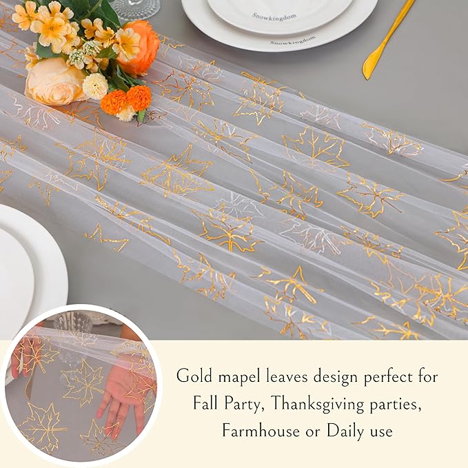 Snowkingdom Fall Table Runner, 10ft Gold Maple Leaves Gauze Chiffon Table - Image 3