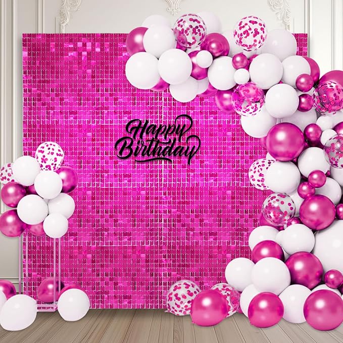 24PCS Hot Pink Shimmer Wall Backdrop, Square Sequin Backdrops Panel, Glitter by ZEBMOON