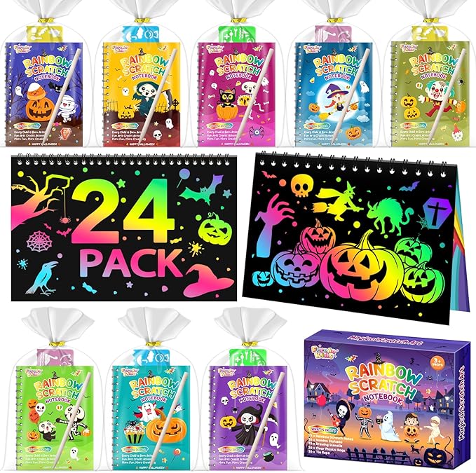 Halloween Party Favors for Kids Bulk: 24 Pack Rainbow Scratch Art Notebook Bulk by FEREDOKIDS