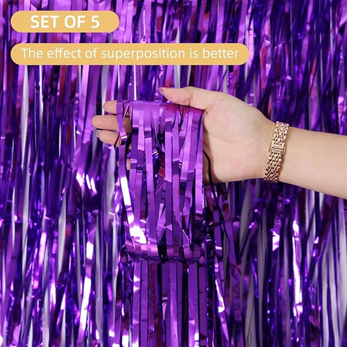 10 Pack Purple Backdrop Curtain 3.2ft x 8.2ft Metallic Tinsel Foil Fringe - Image 2