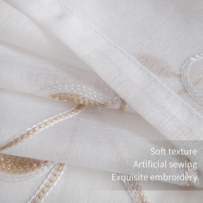 VISIONTEX White Sheer Voile Curtains, Decorative Beige Leaves Embroidery Faux - Image 5