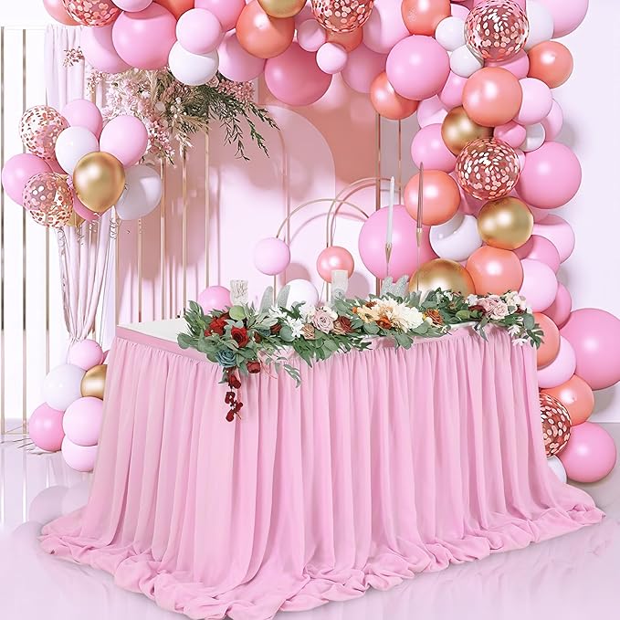 QueenDream Pink Chiffon Table Skirt 6ft Pink Table Cloth - Image 2