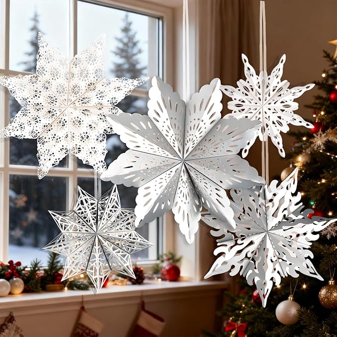 5 Pcs Christmas Paper Snowflake Lanterns, Large 3D Christmas Paper Star Lanterns - Image 9
