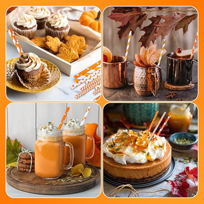 Cooraby 200 Pieces Thanksgiving Paper Straws Orange and Gold Assorted Paper - Image 5