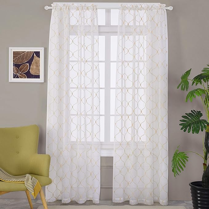 Sheer Curtains Gold 95 Inches Long, Embroidered Wave Diamond Window Treatments by MYSTIC-HOME
