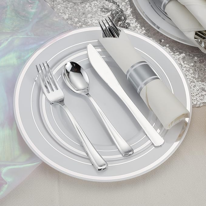 50 Pack Pre Rolled Silver Plastic Silverware Set, Disposable Wrapped Plastic - Image 4