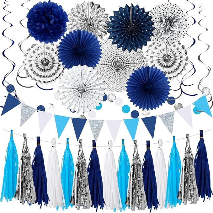 Navy-Blue White Silver Graduation Party-Decorations 33pcs Kits Banner, Paper by MEIWUTIE