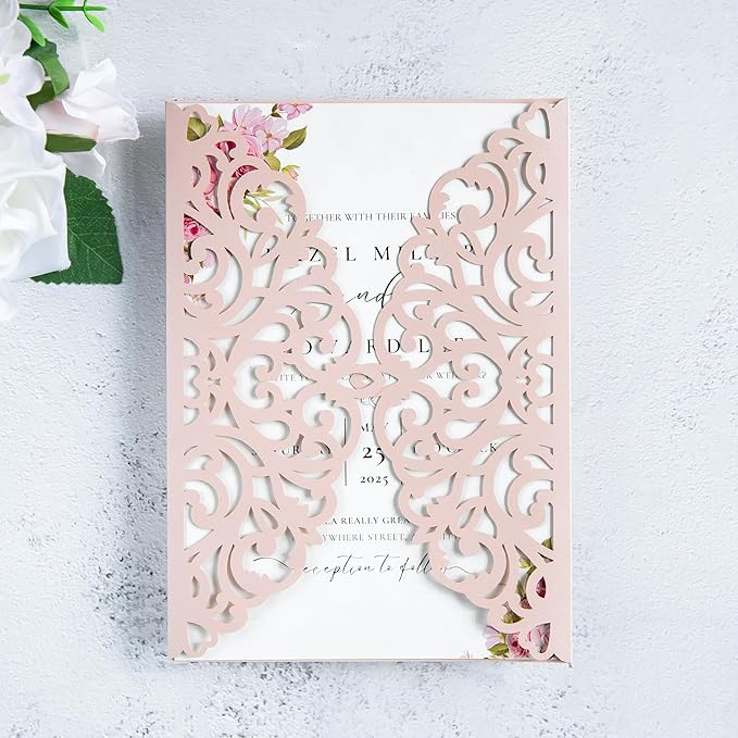 20Pcs Blush Pink Laser Cut Invitation Cards by FEIYI