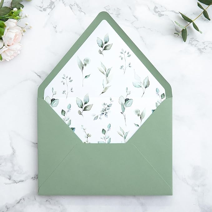 PONATIA 50PCS A7 Euro Flap Envelope, 5.25 x 7.25'' Sage Green Flowers Liner - Image 3